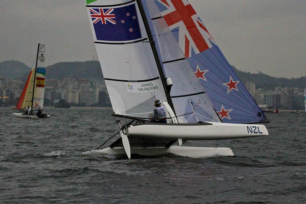 Gemma Jones and Jason Saunders  (NZL) soon after rounding mark 3 in the Nacra 17 © Richard Gladwell www.photosport.co.nz